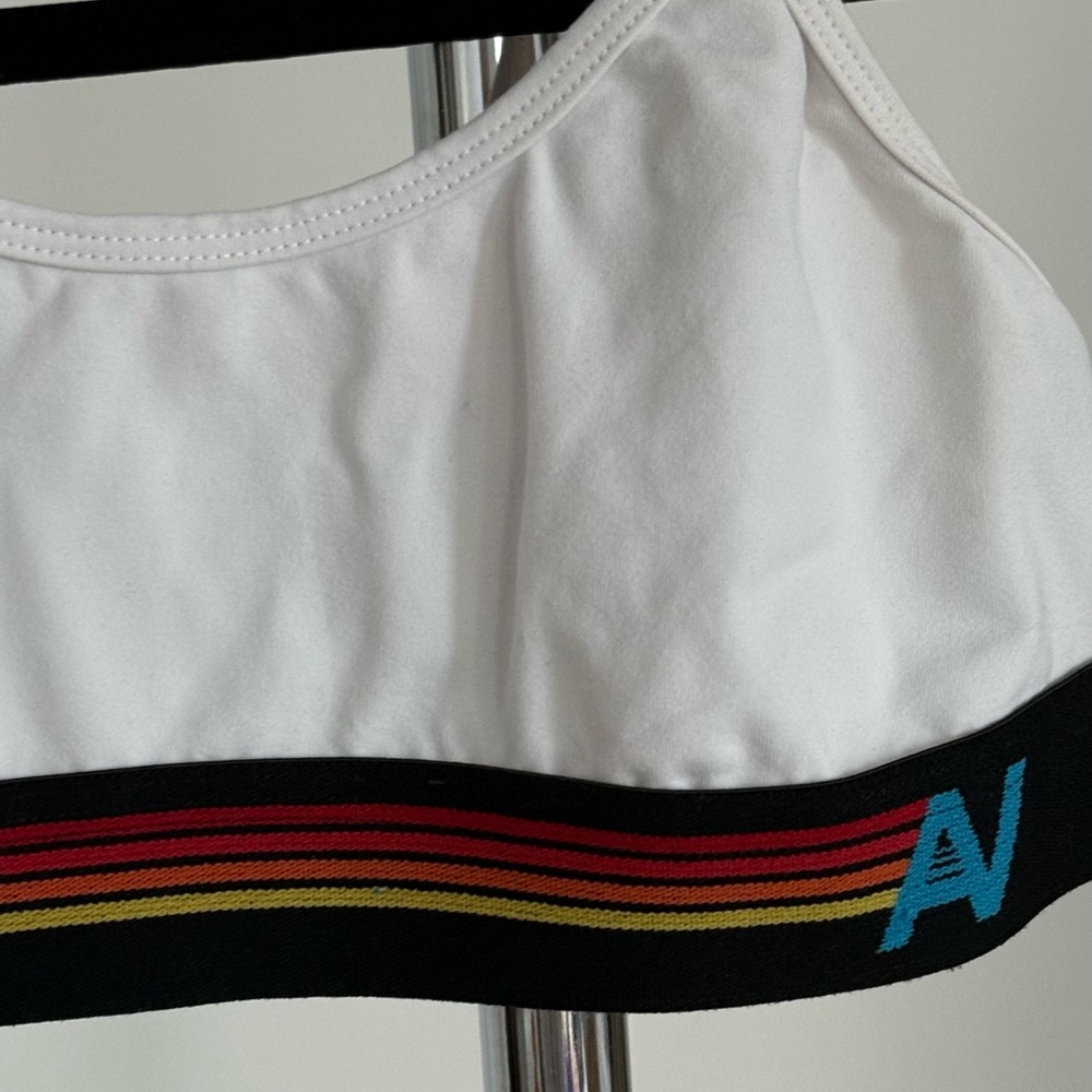 Aviator Nation 4 logo rainbow stripe set, elastic bra+biker shorts, white-size S - Picture 12 of 16